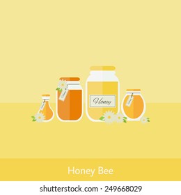 Card with jars of honey in flat. Vector illustration