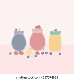 Card with jars of jam and fruit and berries on a table. Vector illustration