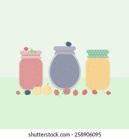 Card with jars of jam and fruit and berries on a table. Vector illustration