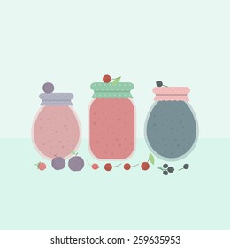 Card with jars of jam and fruit and berries on a table. Vector illustration 