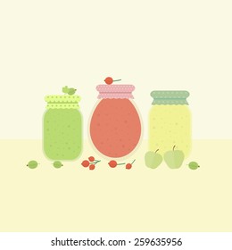 Card with jars of jam and fruit and berries on a table. Vector illustration 
