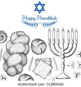 Card for jewish holiday, Hanukkah. Hand drawn sketch Hanukkah. Vector illustration. Linear graphic