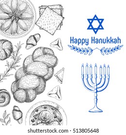 Card for jewish holiday, Hanukkah. Hand drawn sketch Hanukkah. Vector illustration. Linear graphic