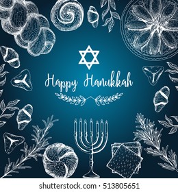 Card for jewish holiday, Hanukkah. Hand drawn sketch Hanukkah. Vector illustration. Linear graphic