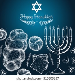 Card for jewish holiday, Hanukkah. Hand drawn sketch Hanukkah. Vector illustration. Linear graphic