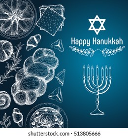 Card for jewish holiday, Hanukkah. Hand drawn sketch Hanukkah. Vector illustration. Linear graphic