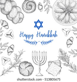 Card for jewish holiday, Hanukkah. Hand drawn sketch Hanukkah. Vector illustration. Linear graphic