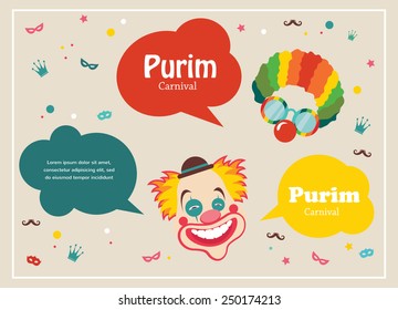  Card for Jewish holiday Purim with clown and speech bubbles