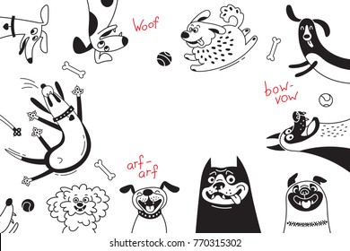 Card with joyful dogs and happy puppies. Vector background with mongrels, sheepdog, dachshund, lap-dog and others breeds.