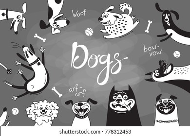 Card with joyful dogs and happy puppies. Vector background with mongrels, sheepdog, dachshund, lap-dog and others breeds.
