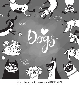 Card with joyful dogs and happy puppies. Vector background with mongrels, sheepdog, dachshund, lap-dog and others breeds.