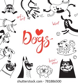 Card with joyful dogs and happy puppies. Vector background with mongrels, sheepdog, dachshund, lap-dog and others breeds.