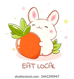 Card in kawaii style with cute little bunny with carrot. Local natural and organic food concept. Inscription Eat Local. Can be used for t-shirt print, sticker, greeting card. Vector illustration EPS8