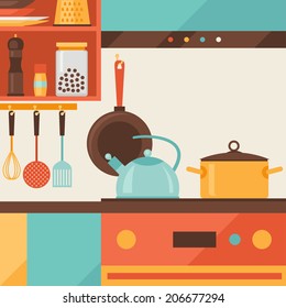 Card with kitchen interior and cooking utensils in retro style.