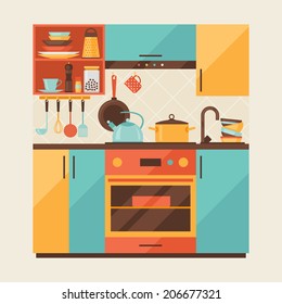 Card with kitchen interior and cooking utensils in retro style.