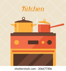 Card with kitchen oven and cooking utensils in retro style.