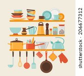 Card with kitchen shelves and cooking utensils in retro style.
