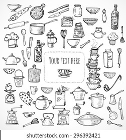 Card with kitchen utensils and place for your text. Vector illustration.