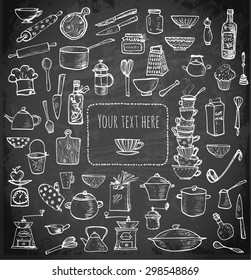 Card with kitchen utensils and place for your text. Vector illustration on blackboard.