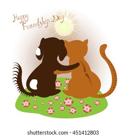 Card with kitten and puppy for friendship day. EPS10 vector illustration