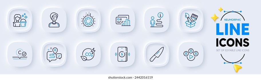 Card, Knife and Brush line icons for web app. Pack of Video conference, Collagen skin, Journey pictogram icons. Support, Businesswoman person, Wireless charging signs. Co2 gas, Gear, Cleaning. Vector