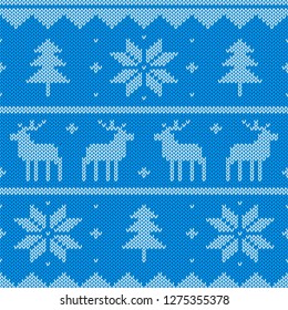 Card with knitted seamless abstract background with deer.