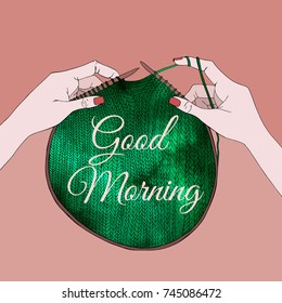 card with knitting needles in hands