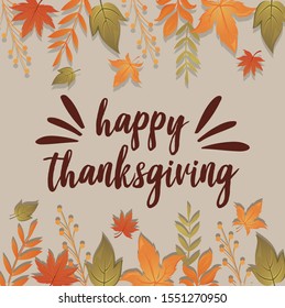 card with label happy thanksgiving and autumn leaves vector illustration design