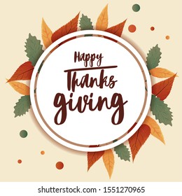 card with label happy thanksgiving and autumn leaves vector illustration design