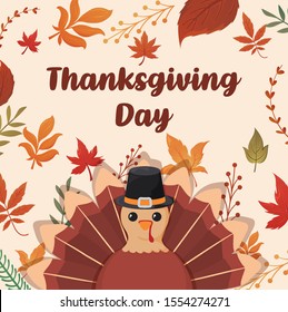 card with label happy thanksgiving and autumn leaves vector illustration design