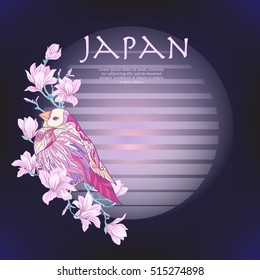 Card or label with Japanese magnolia pattern and decorative bird in pastel colors. Stock line vector illustration. This illustration can be used as a print on T-shirts, bags, tattoo, badges or patch