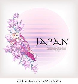 Card or label with Japanese magnolia pattern and decorative bird in pastel colors. Stock line vector illustration. This illustration can be used as a print on T-shirts, bags, tattoo, badges or patch