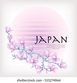 Card or label with Japanese magnolia pattern in pastel colors. Stock line vector illustration.