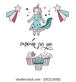 Card, label and poster for printing. Magic illustration with unicorn and different elements of fairy tales. Poster for children bedroom. Invitation for kids party.