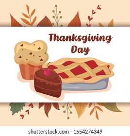 card with label thanksgiving day and food vector illustration design