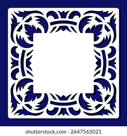 Card with lace cut edge. Blank form, mockup, certificate with openwork frame. Copy space, place for text. Template for plotter laser cutting of paper, wood carving, metal engraving, cnc. Vector image.