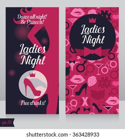 card for Ladies night party with beautiful girl's silhouette, front and back sides, vector illustration