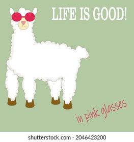 A card with lama in pink glasses in vector 