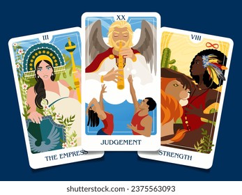 The card layout of the senior arcana consists of three cards: judgment, strength, the empress. Occult esoteric spiritual Tarot. Numerology and fortune telling. Modern vector illustrations
