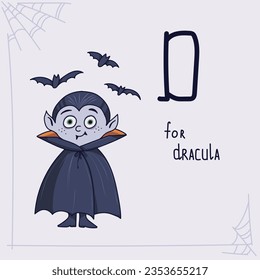 Card for learning the alphabet in Halloween style. A cute Dracula in a raincoat stands next to the bats. Letter D.