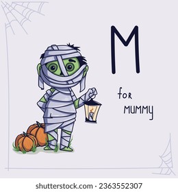 Card for learning the alphabet in Halloween style. A cute green mummy is holding a candle lamp in her hand. Letter M. M for Mummy.