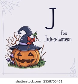 Card for learning the alphabet. Letter J. Pumpkin in a witch's hat with leaves for Halloween. J for Jack-o-lantern. Cute pumpkin illustration.