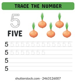 Card for learning number 5 with onions.  Tracing number worksheet for kindergarten, preschool for learning numbers and handwriting practice activities. Vector illustration	
