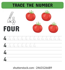Card for learning numbers with tomatoes. Trace the number.Educational children game, printable worksheet.