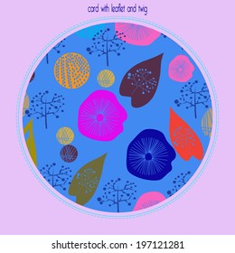 Card with leaves and branches in a circle with text on a  light purple background.