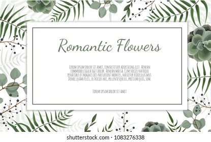 Card with leaves and flowers. Floral poster. Floral poster, invite. Vector decorative greeting card, invitation design background.