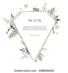 Card with leaves and geometrical frame. Floral poster, invite. Vector decorative greeting card, invitation design background.