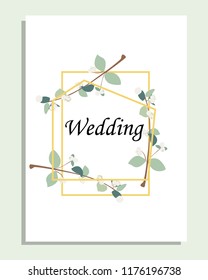 Card with leaves and geometrical frame. Wedding ornament concept. Floral poster, invite. Vector decorative greeting card, invitation design background