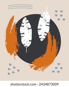 Card With Leaves And Grunge Textures Vector Illustration