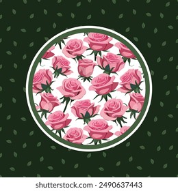 card with leaves and round frame with pink roses background